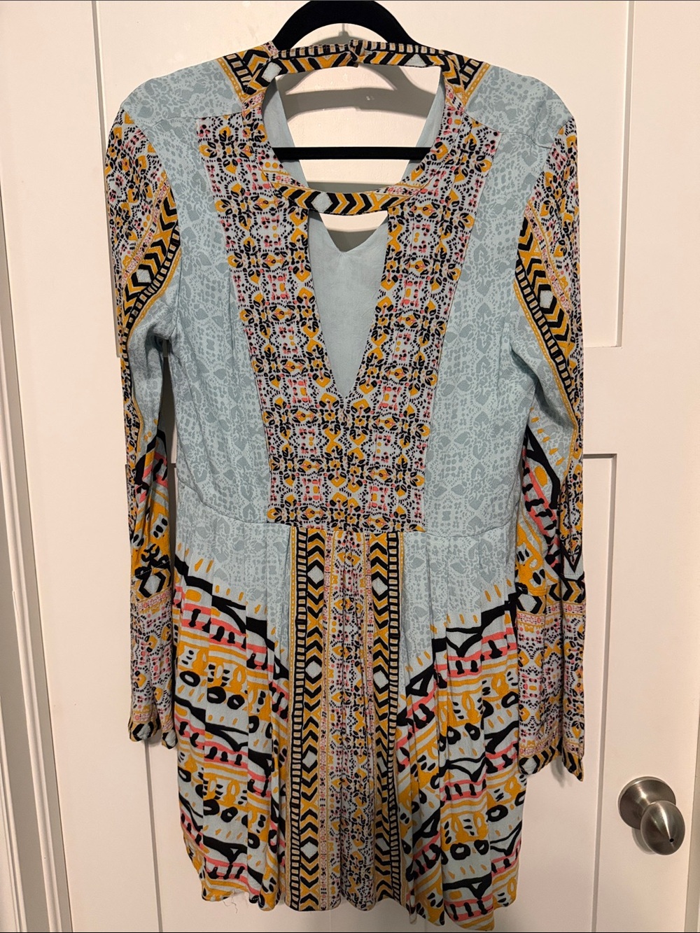 Free People Urban Outfitters Bohemian Blue Mix Print Long Bell Sleeve Mini Dress - Picture 5 of 11